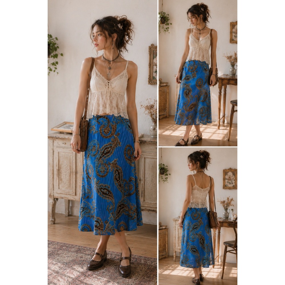 Boho Whimsigoth Turquoise Blue Brown Paisley Striped Tubedress XXS Maxi Skirt